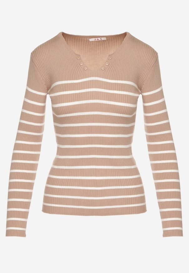 Renee - Beżowa Bluzka z Bawełną z Motywem Pasków i Guzikami Serisse. Okazja: na co dzień, na spotkanie biznesowe, do pracy. Kolor: beżowy. Materiał: bawełna. Wzór: paski. Styl: casual, biznesowy