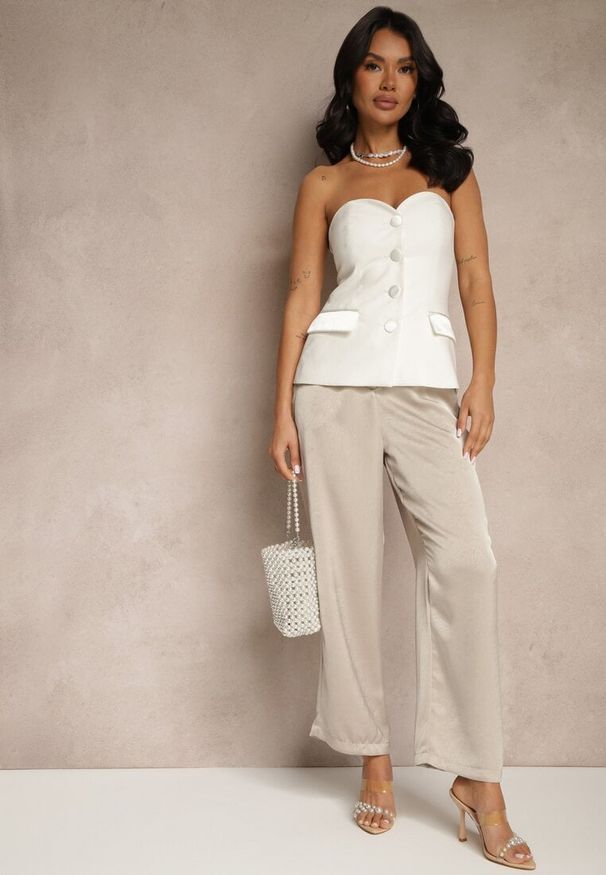 Renee - Beżowe Spodnie High Waist o Eleganckim Fasonie z Prostą Nogawką Jenarwena. Okazja: na spotkanie biznesowe. Stan: podwyższony. Kolor: beżowy. Styl: elegancki