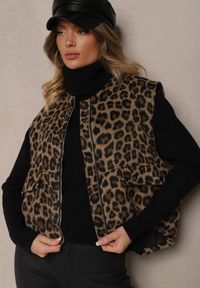 Renee - Brązowa Kamizelka z Dodatkiem Lnu Oversize w Panterkę Enarielin. Okazja: na co dzień. Kolor: brązowy. Materiał: len. Wzór: motyw zwierzęcy. Styl: wizytowy, elegancki, casual #5