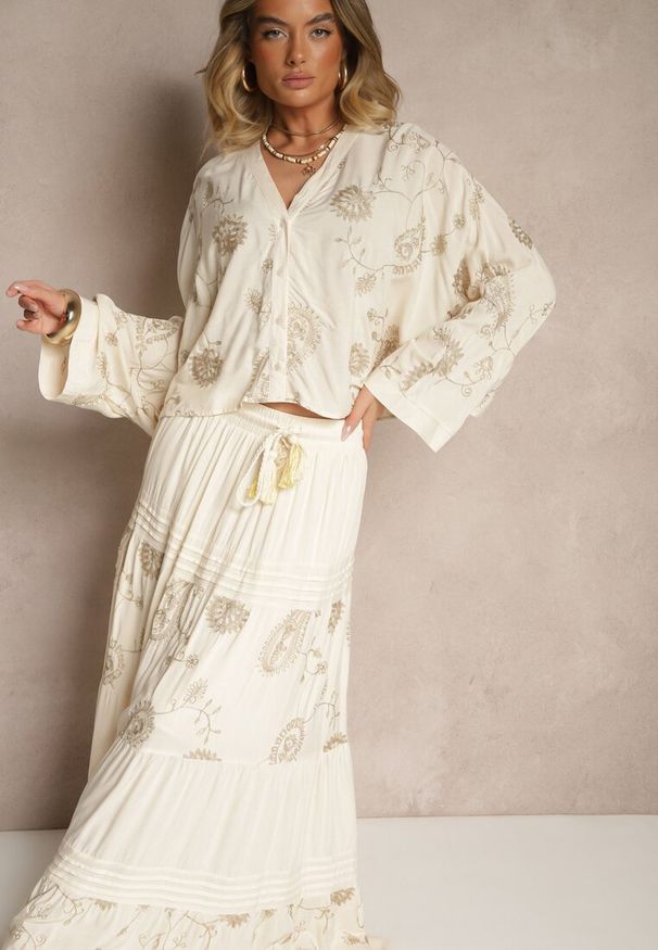 Renee - Beżowy Wiskozowy Komplet Boho z Koszulą o Nietoperzowym Kroju i Spódnicą Separia. Kolor: beżowy. Materiał: wiskoza. Wzór: aplikacja