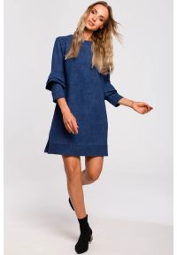 Sukienki.shop - Bawełniana sukienka trapezowa melanżowa granatowa. Okazja: na co dzień. Kolor: niebieski. Materiał: bawełna. Wzór: melanż. Typ sukienki: trapezowe. Styl: casual #1