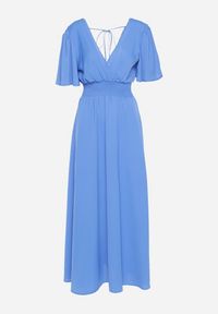 Born2be - Niebieska Sukienka z Rozkloszowanymi Rękawami Gumką w Pasie i Wiązaniem na Plecach Larielle. Okazja: na imprezę, na co dzień. Typ kołnierza: dekolt w kształcie V. Kolor: niebieski. Materiał: bawełna. Typ sukienki: proste. Styl: casual, elegancki #4