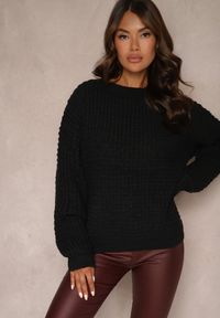 Renee - Czarny Sweter z Wiskozą Ozdobiony Splotem Rialorae. Okazja: na co dzień. Kolor: czarny. Materiał: wiskoza. Wzór: aplikacja, ze splotem. Styl: elegancki, casual