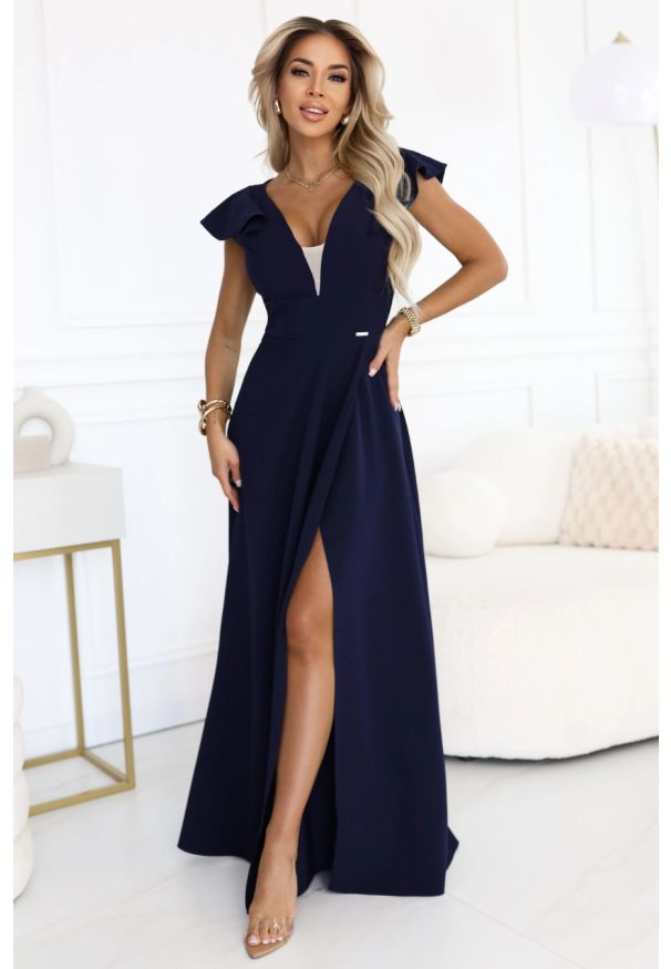 Numoco - Długa sukienka wieczorowa rozkloszowana granatowa. Okazja: na studniówkę, na ślub cywilny, na wesele, na imprezę. Kolor: niebieski. Styl: wizytowy. Długość: maxi