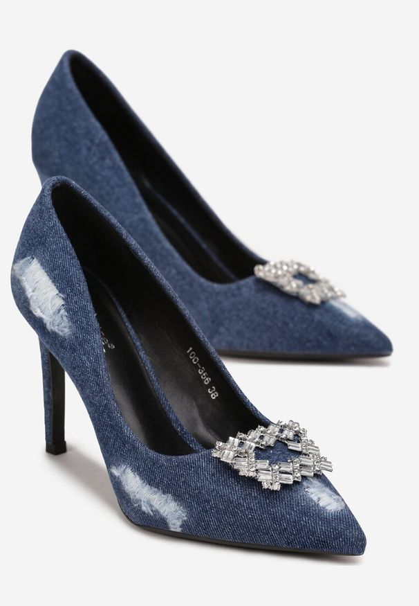 Renee - Granatowe Szpilki Jeansowe z Ozdobą w Cyrkonie Lalya. Kolor: niebieski. Materiał: jeans. Wzór: aplikacja. Obcas: na szpilce