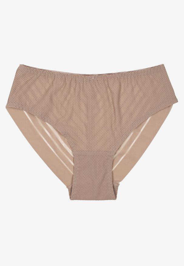 Renee - Ciemnobeżowe Majtki Typu Figi Ozdobione Paskami Ranmis. Kolor: beżowy. Materiał: koronka, jeans. Wzór: aplikacja