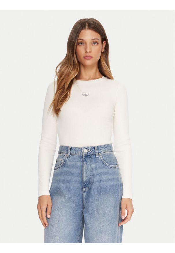 Guess Jeans Bluzka W5BP01 KA0H1 Beżowy Slim Fit. Kolor: beżowy. Materiał: bawełna