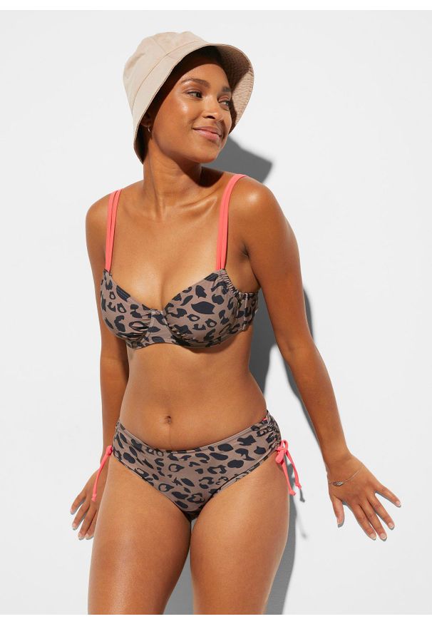 bonprix - Bikini na fiszbinach z troczkami (komplet 2-cz.). Kolor: beżowy, brązowy. Wzór: motyw zwierzęcy