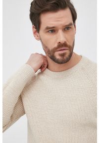 Selected Homme Sweter bawełniany męski kolor beżowy. Kolor: beżowy. Materiał: bawełna. Długość rękawa: raglanowy rękaw. Wzór: ze splotem #3