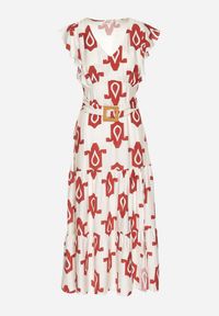 Born2be - Biało-Czerwona Sukienka z Wiskozy Ozdobiona Paskiem z Klamrą i Geometrycznym Wzorem Orivana. Okazja: na imprezę, na co dzień. Typ kołnierza: dekolt w kształcie V. Kolor: czerwony. Materiał: wiskoza. Wzór: aplikacja, geometria. Typ sukienki: proste. Styl: casual, elegancki #3