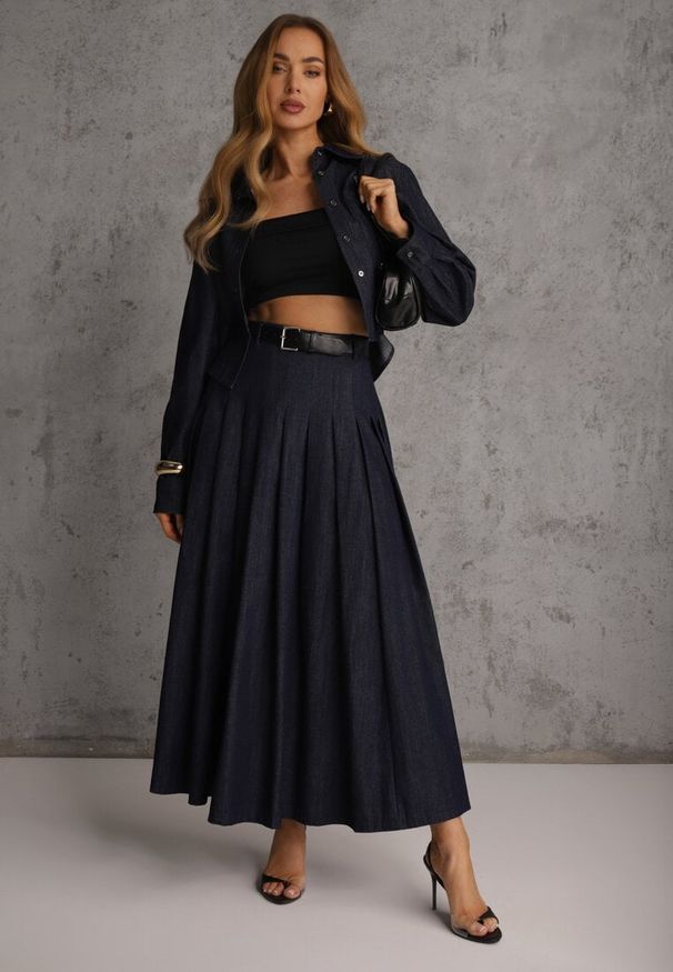 Renee - Granatowy Komplet z Bawełniano-Wiskozowej Imitacji Jeansu z Koszulą i Spódnicą z Paskiem Andaig. Kolor: niebieski. Materiał: wiskoza, jeans, bawełna