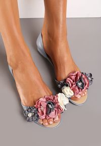 Renee - Szare Otwarte Balerinki z Aplikacją z Kwiatami Anlofi. Nosek buta: otwarty. Kolor: szary. Wzór: aplikacja, kwiaty #3
