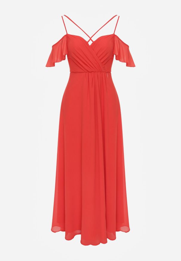 Born2be - Czerwona Maxi Sukienka o Rozkloszowanym Fasonie na Cienkich Skrzyżowanych Ramiączkach Hendina. Okazja: na wesele, na ślub cywilny, na imprezę. Typ kołnierza: dekolt hiszpanka. Kolor: czerwony. Długość rękawa: na ramiączkach. Typ sukienki: rozkloszowane. Długość: maxi