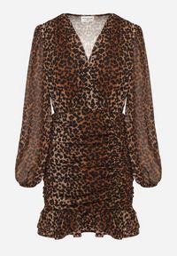 Born2be - Brązowa Kopertowa Sukienka w Panterkę z Marszczeniem i Falbanką Semiriael. Okazja: na co dzień. Typ kołnierza: kołnierz z falbankami, dekolt w kształcie V. Kolor: brązowy. Wzór: motyw zwierzęcy. Typ sukienki: kopertowe. Styl: casual, klasyczny, elegancki, rockowy #4