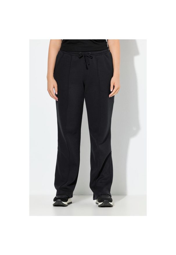 ULLA POPKEN - Damskie Spodnie dresowe zaszewki szerokie nogawki elastyczny pas. Kolekcja: plus size. Kolor: czarny. Materiał: poliester, bawełna, materiał. Długość: długie