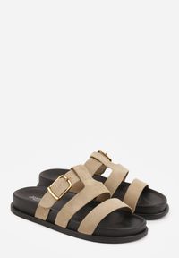 Born2be - Beżowe Klapki z Geometryczną Cholewką i Klamrą z Boku Endrita. Okazja: na co dzień. Kolor: zielony. Wzór: geometria. Styl: casual, klasyczny #6