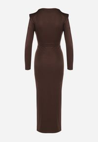 Born2be - Brązowa Elegancka Sukienka z Trenem i Rozcięciem Atissa. Okazja: na imprezę. Kolor: brązowy. Wzór: aplikacja. Styl: elegancki #5