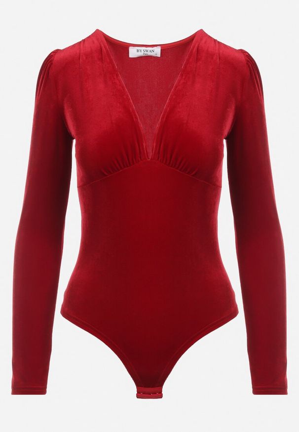 Born2be - Czerwone Welurowe Body z Głębokim Dekoltem Fennia. Kolor: czerwony. Materiał: welur. Długość rękawa: długi rękaw. Długość: długie. Sezon: zima, jesień. Styl: elegancki