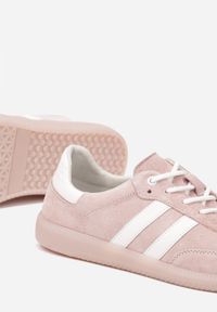 Renee - Różowe Płaskie Sneakersy ze Skóry Naturalnej z Ozdobnymi Paskami Nelarielis. Okazja: na co dzień, na spacer. Zapięcie: pasek. Kolor: różowy. Materiał: skóra. Wzór: paski. Obcas: na obcasie. Wysokość obcasa: niski. Sport: turystyka piesza #5