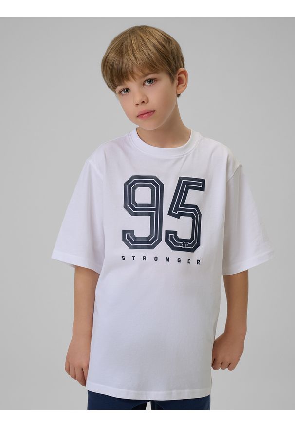 4f - 4F T-shirt loose z nadrukiem chłopięcy - biały 146/152 (10-12 lat). Okazja: na co dzień. Kolor: biały. Materiał: dzianina, bawełna, skóra. Wzór: nadruk. Sezon: lato. Styl: casual