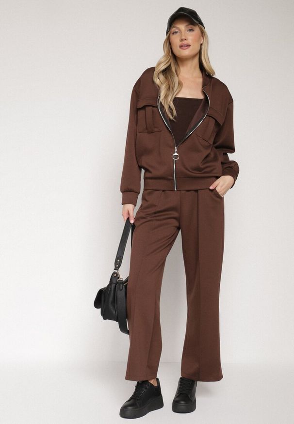 Born2be - Brązowy Bawełniany Komplet Dresowy Bluza na Suwak i Spodnie Tevrisa. Kolor: brązowy. Materiał: bawełna, dresówka. Sport: turystyka piesza