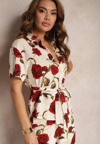 Renee - Beżowo-Bordowa Koszula w Kwiatowy Print Wiązana w Talii Uvularia. Kolor: beżowy. Wzór: nadruk, kwiaty #1