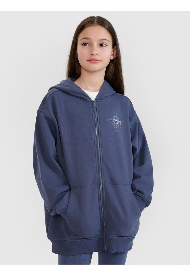 4f - 4F Bluza dresowa rozpinana z kapturem dziewczęca - szara 164 (13-14 lat). Okazja: na co dzień. Typ kołnierza: kaptur. Kolor: szary. Materiał: dresówka. Wzór: nadruk, ze splotem, gładki. Sezon: lato. Styl: casual, sportowy