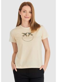 Pinko - PINKO Beżowy t-shirt damski z logo z cekinów. Kolor: beżowy. Materiał: prążkowany