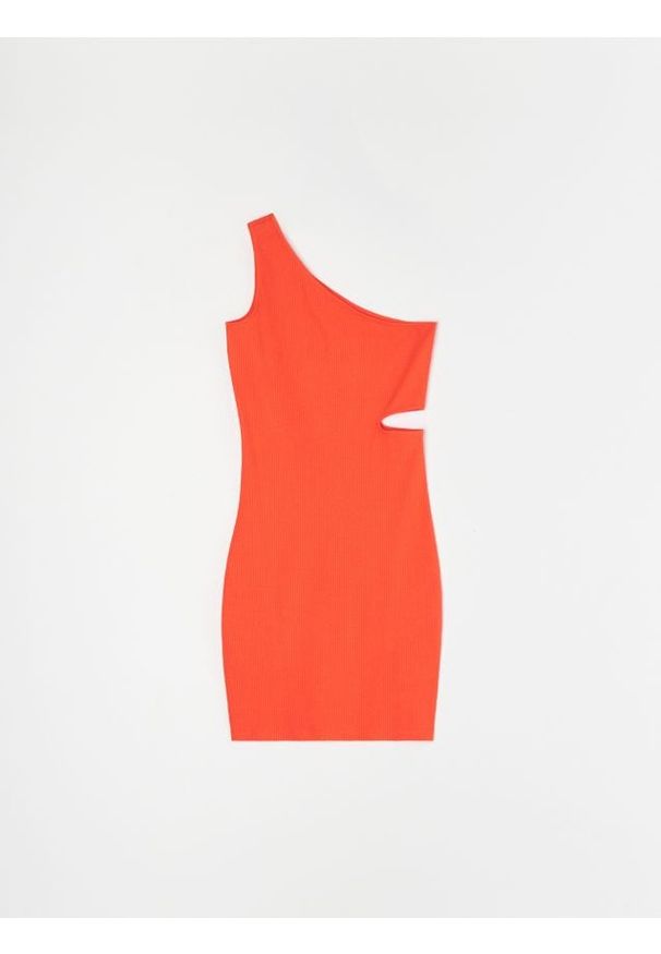 Sinsay - Dopasowana sukienka mini na jedno ramię z wycięciem w tali - pomarańczowy. Kolor: pomarańczowy. Długość: mini