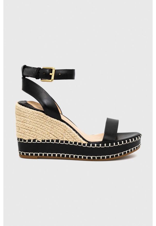 Lauren Ralph Lauren sandały skórzane Hilarie 802884124001 damskie kolor czarny na koturnie. Zapięcie: klamry. Kolor: czarny. Materiał: skóra. Wzór: gładki. Obcas: na koturnie