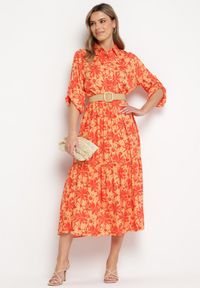 Born2be - Pomarańczowa Sukienka Maxi w Kwiatowy Wzór z Koszulową Górą Lithaia. Kolor: pomarańczowy. Długość rękawa: długi rękaw. Wzór: kwiaty. Sezon: wiosna, lato. Typ sukienki: koszulowe. Długość: maxi #3