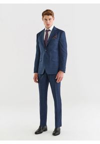 Pako Lorente - PAKO LORENTE – Granatowe spodnie garniturowe w delikatną niebieską kratkę. Kolor: niebieski. Materiał: poliester, wełna, lycra. Wzór: kratka
