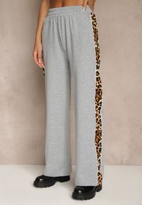 Renee - Szary Komplet Dresowy z Panterkowymi Wstawkami Bluza i Spodnie Wide Leg Redrie. Kolor: szary. Materiał: dresówka. Wzór: motyw zwierzęcy, aplikacja