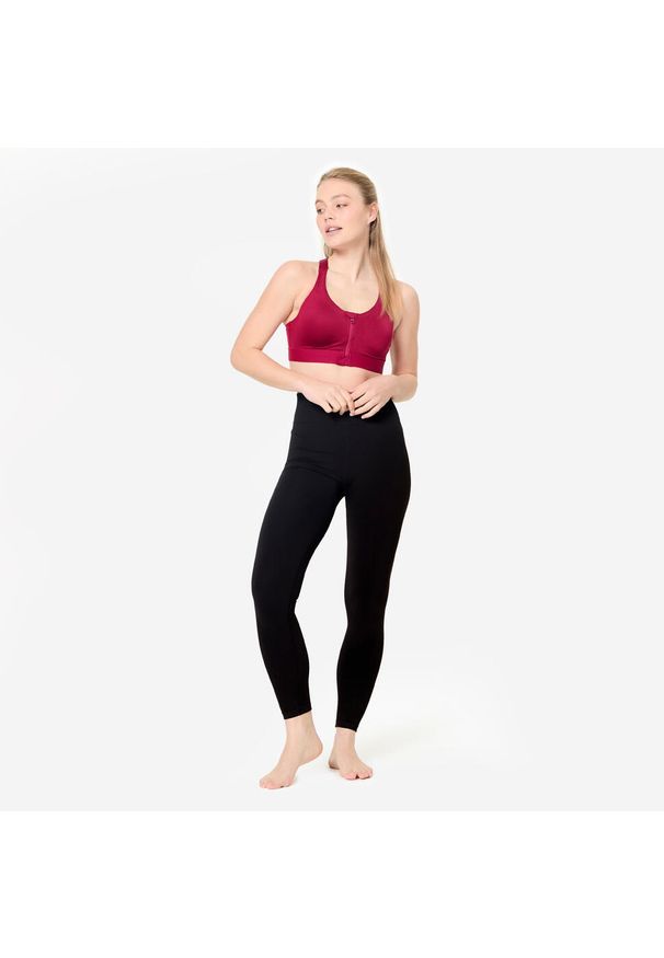 Stanik sportowy Decathlon zip. Kolekcja: plus size. Kolor: fioletowy. Materiał: skóra, materiał, elastan. Długość rękawa: na ramiączkach. Sport: fitness