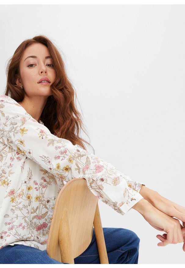bonprix - Bluzka z czystej wiskozy. Typ kołnierza: kołnierzyk stójkowy, dekolt w serek. Kolor: biały. Materiał: wiskoza. Długość rękawa: długi rękaw. Długość: długie. Wzór: nadruk. Styl: elegancki