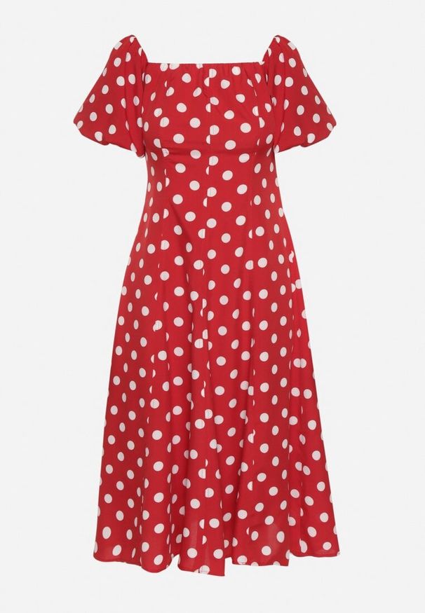 Born2be - Czerwona Rozkloszowana Sukienka Vices w Grochy z Dekoltem Typu Hiszpanka Zimina. Okazja: na co dzień. Typ kołnierza: dekolt hiszpanka. Kolor: czerwony. Materiał: materiał, skóra. Wzór: grochy. Typ sukienki: proste. Styl: casual, klasyczny