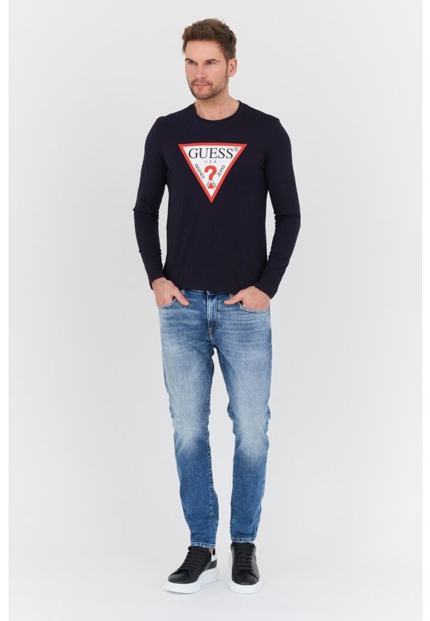 Guess - GUESS Granatowy męski longsleeve Original Logo Tee, Rozmiar XL. Kolor: niebieski. Długość rękawa: długi rękaw