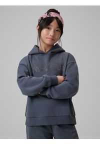 4f - 4F Bluza dresowa loose z kapturem dziewczęca - szara 122/128 (6-8 lat). Okazja: na co dzień. Typ kołnierza: kaptur. Kolor: szary. Materiał: dresówka. Wzór: aplikacja. Sezon: lato. Styl: klasyczny, casual #2