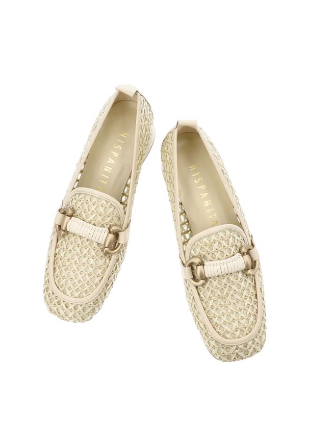 Półbuty damskie Hispanitas, ze skóry naturalnej z plecionym wykończeniem i wsuwanym krojem, beżowe, RHV264828 Marrakech-V26 Panna Soho-V26. Okazja: na co dzień. Kolor: beżowy. Szerokość cholewki: normalna. Wzór: aplikacja, ażurowy. Materiał: skóra. Sezon: lato. Obcas: na obcasie. Styl: elegancki, casual. Wysokość obcasa: niski