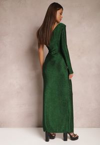 Renee - Zielona Asymetryczna Sukienka z Metalicznym Wykończeniem Rozcięciem i Drapowaniem Abevinna. Kolor: zielony. Materiał: materiał. Typ sukienki: asymetryczne. Styl: elegancki. Długość: maxi #5