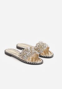 Renee - Złote Klapki Zdobione Biżuteryjnymi Aplikacjami Colsyn. Kolor: złoty. Materiał: len, koronka. Wzór: aplikacja. Sezon: lato #8