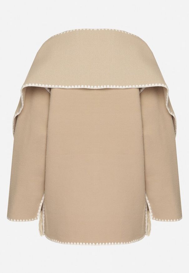 Born2be - Beżowa Pudełkowa Kurtka z Ozdobnymi Przeszyciami i Szalikiem Salenalia. Okazja: na co dzień. Kolor: beżowy. Materiał: jeans. Styl: elegancki, casual