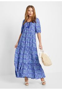bonprix - Długa sukienka z czystej wiskozy. Kolor: niebieski. Materiał: wiskoza. Wzór: nadruk. Długość: maxi #3