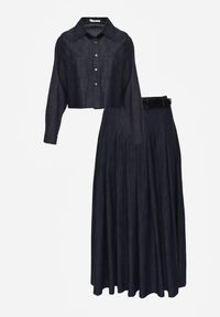 Renee - Granatowy Komplet z Bawełniano-Wiskozowej Imitacji Jeansu z Koszulą i Spódnicą z Paskiem Andaig. Kolor: niebieski. Materiał: jeans, wiskoza, bawełna #7
