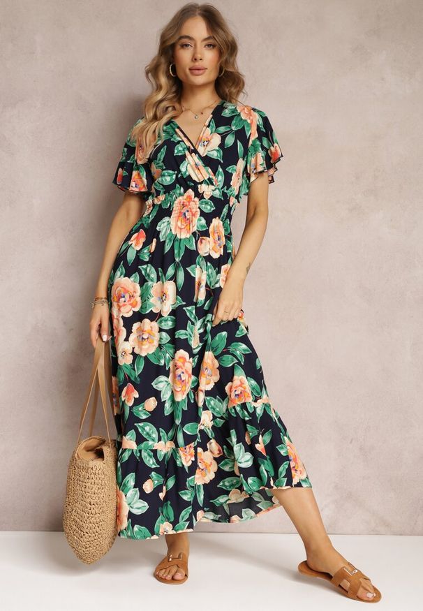 Renee - Granatowa Rozkloszowana Sukienka Maxi z Gumkami w Talii i Falbankami Tayte. Typ kołnierza: kołnierz z falbankami. Kolor: niebieski. Materiał: tkanina. Długość rękawa: krótki rękaw. Typ sukienki: kopertowe. Długość: maxi