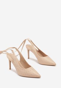 Renee - Beżowe Sandały na Szpilce z Wiązanymi Rzemykami i Cyrkoniami Jenglla. Kolor: beżowy. Obcas: na szpilce. Styl: wizytowy, elegancki #5