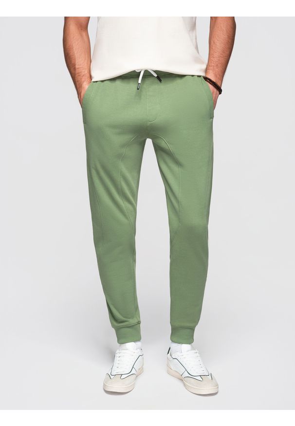 Ombre Clothing - Spodnie męskie dresowe ze ściągaczem przy nogawce BASIC jogger - zielone V3 - Rozmiar: L. Okazja: na spacer, na co dzień, do domu. Kolor: zielony. Materiał: dresówka. Wzór: jednolity, gładki, aplikacja. Styl: casual