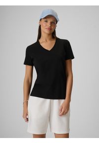 4f - 4F T-shirt regular gładki damski - czarny M. Okazja: na co dzień, na spacer. Typ kołnierza: dekolt w serek. Kolor: czarny. Materiał: materiał. Wzór: gładki. Styl: casual, klasyczny, sportowy #1
