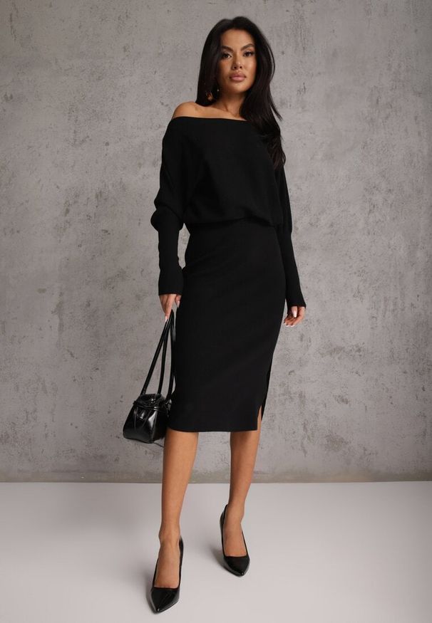 Renee - Czarna Nietoperzowa Sukienka z Dzianiny z Wiskozą z Dekoltem w Łódkę Yuzoma. Typ kołnierza: dekolt w łódkę. Kolor: czarny. Materiał: dzianina, wiskoza. Typ sukienki: oversize
