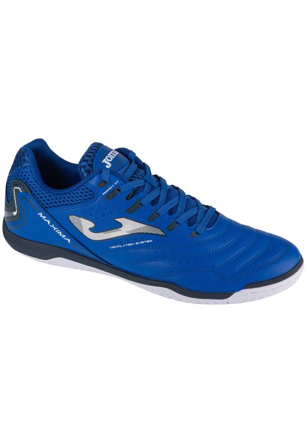Buty do piłki nożnej halowej Joma Maxima Indoor. Kolor: szary, czarny, niebieski, wielokolorowy. Materiał: materiał, syntetyk, skóra. Sport: piłka nożna
